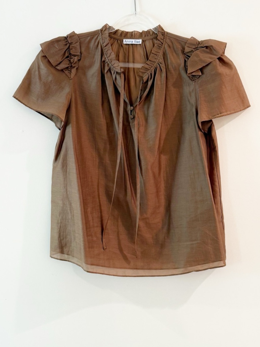 Anna Rae Taupe Brown Flutter Sleeve Ruffle Blouse - Picture 2 of 6